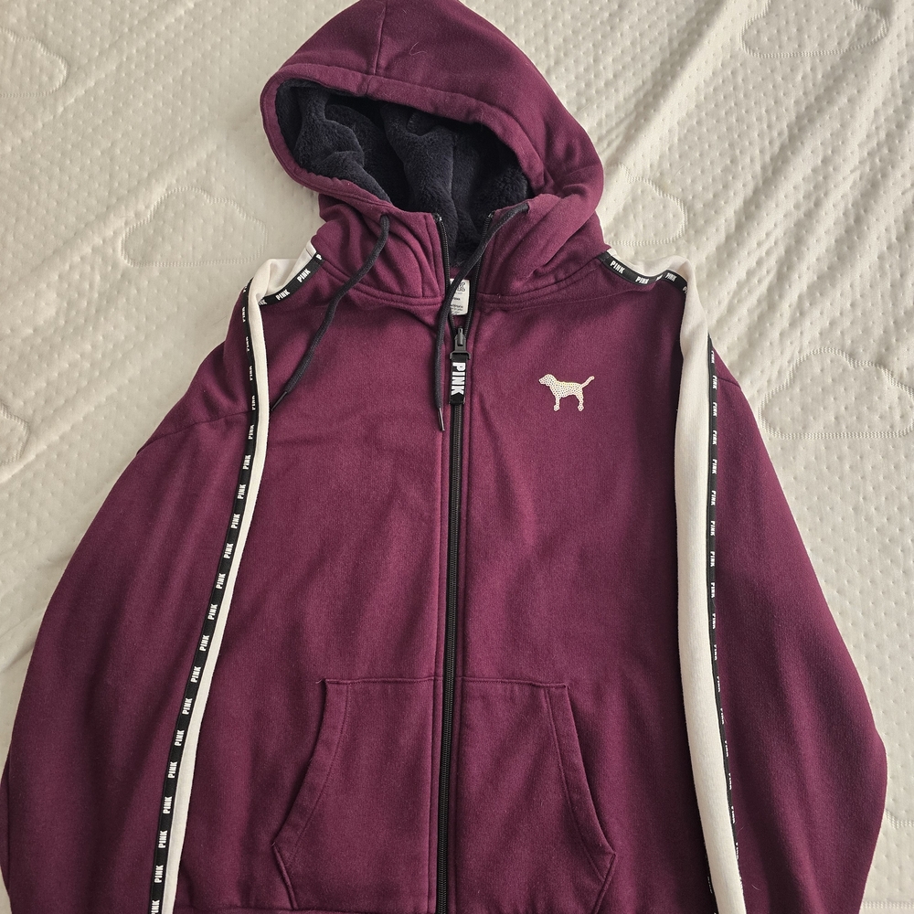 Womens Maroon Hoodie Jacket Sherpa Hood Sequins Victorias Secret